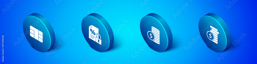 Set Isometric Credit card with chip, Coin money dollar, and Finance document and lock icon. Vector. Set Isometric Credit card with chip, Coin money dollar, and Finance document and lock icon. Vector.