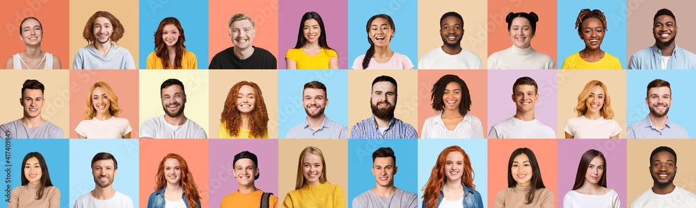 Set Of People Portraits With Smiling Faces Over Colored Backgrounds Set Of People Portraits With Smiling Faces Over Colored Backgrounds