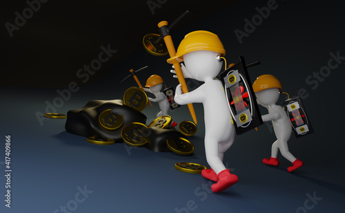 Stick man and pickaxe with gold bitcoin coins and video card or display card in cave ,Concept 3d illustration or 3d rendering