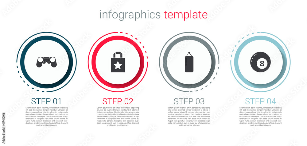 Set Gamepad, Paper shopping bag, Punching and Billiard pool snooker ball. Business infographic template. Vector. Set Gamepad, Paper shopping bag, Punching and Billiard pool snooker ball. Business infographic template. Vector.