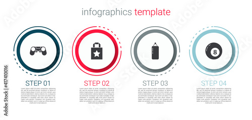 Set Gamepad, Paper shopping bag, Punching and Billiard pool snooker ball. Business infographic template. Vector.