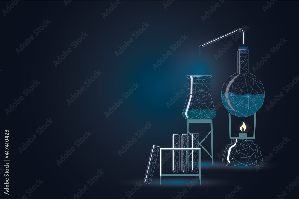 Education concept with laboratory glass flasks and experience illustration and blank background with copyspace
