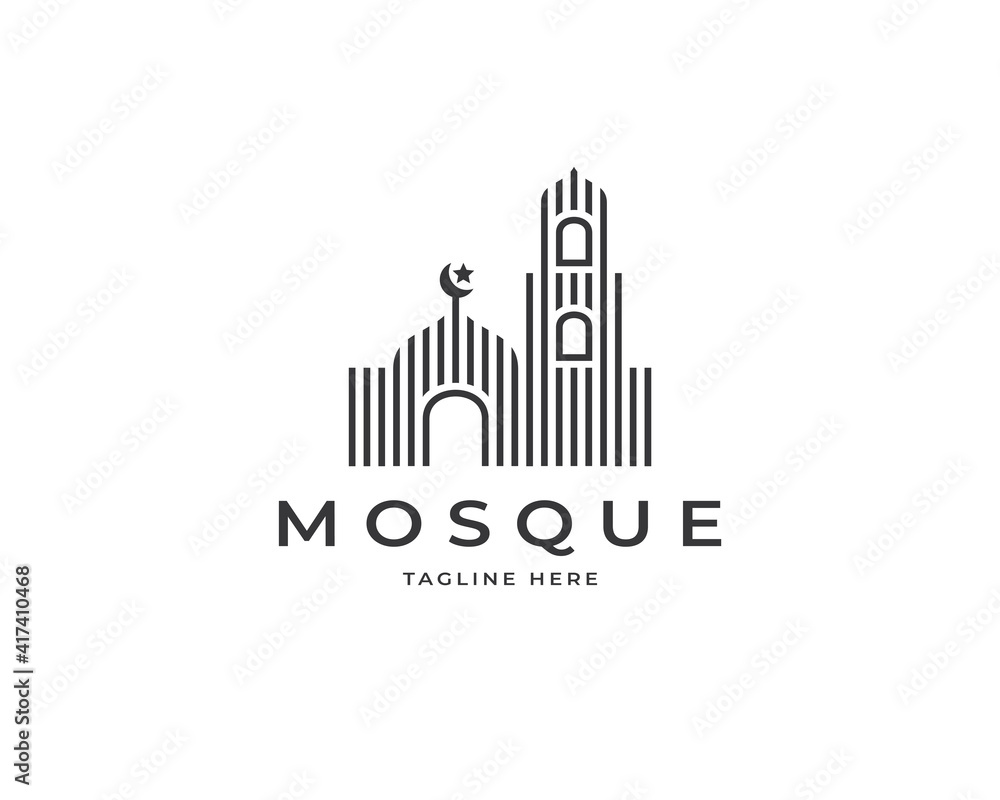 Fototapeta premium Line art mosque logo design vector. Minimalist Islamic mosque building logo design