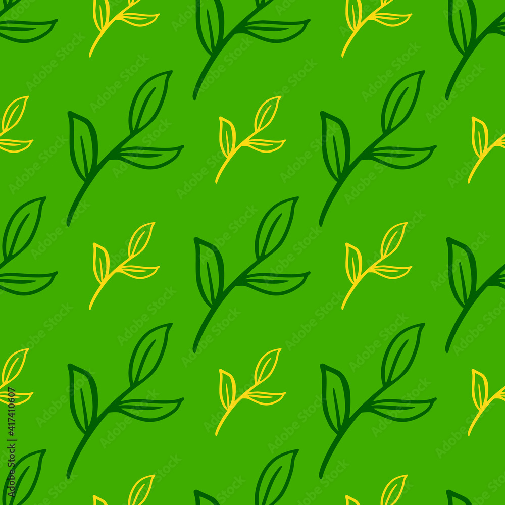 Nature spring seamless pattern with doodle contoured leaf branches shapes. Yellow floral details.