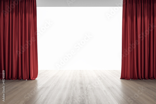 Empty performance stage with wooden floor and red curtains
