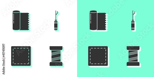 Set Sewing thread, Textile fabric roll, Pattern and Awl tool icon. Vector.