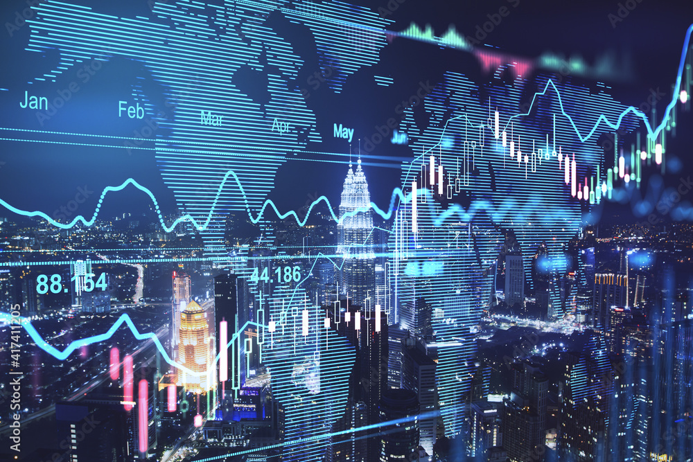 Fototapeta premium Global stock market concept with digital voard woth financial chart graphs, diagram and world map at Kuala Lumpur skyscrapers background, Malaysia