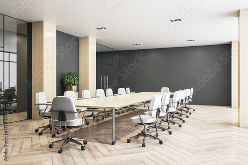 Fotografie Modern conference room with light wooden table, columns and floor, white chairs