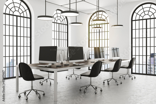 Side view on stylish minimalistic interior design conference room with black and white furniture and arched windows