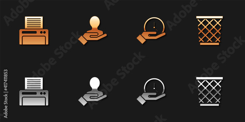 Set Printer, Hand for search a people, Clock and Trash can icon. Vector.