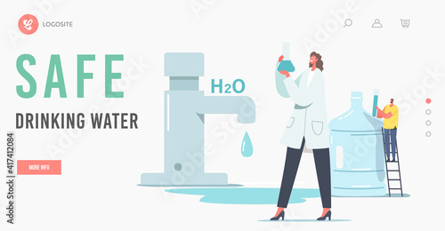 Safe Drinking Water Landing Page Template. Tiny Scientist Female Character Hold Beaker Research Water in Laboratory