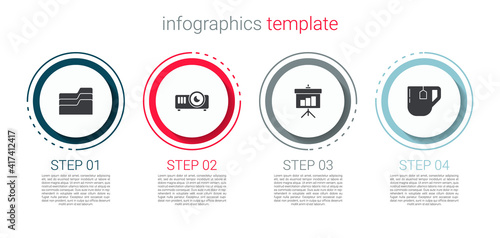 Set Document folder, Movie, film, media projector, Chalkboard with diagram and Cup of tea tea bag. Business infographic template. Vector.