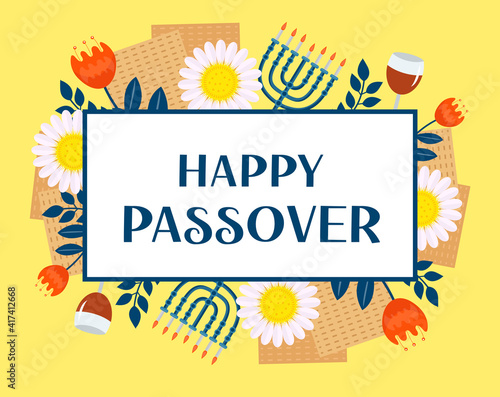 Passover greeting card, poster, invitation, flyer. Pesach template for your design with matzah and spring flowers. Happy Passover inscription. Jewish holiday background. Vector illustration