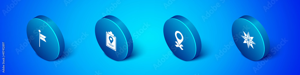 Set Isometric Location marker, , Wind rose and Folded map with location ...