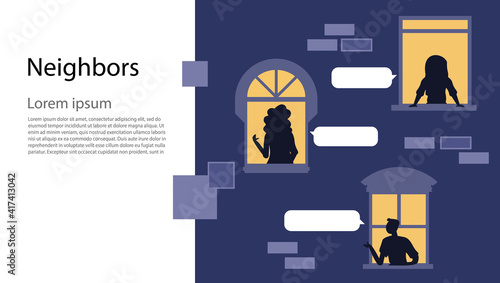 Human Life Concept. Outer Wall of House with Different People and Cat at Windows. Loud Neighbors Noise Night Windows