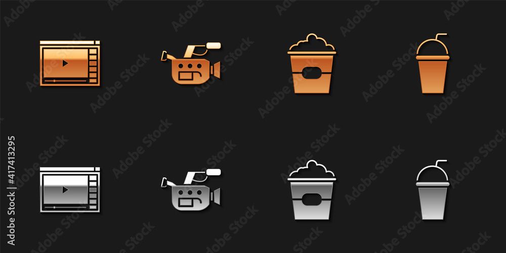 Set Online play video, Cinema camera, Popcorn box and Paper glass with straw icon. Vector. Set Online play video, Cinema camera, Popcorn box and Paper glass with straw icon. Vector.