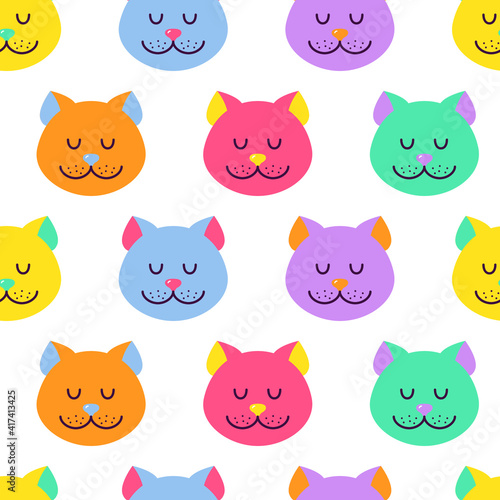 Seamless pattern of cute cat s head icons. Easter symbol. Six cartoon kitten animals of pastel colors on white background. Kawaii characters for cat   s day  baby shower design. Vector illustration