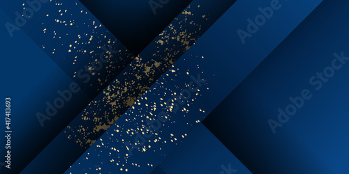 Modern simple dark navy blue and gold glitter abstract stripes background with copy space and 3d concept. Magic night dark blue sky with sparkling stars. Gold glitter powder splash vector background. 