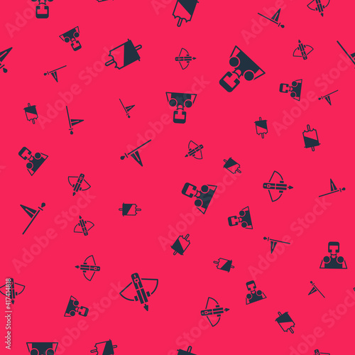 Set Battle crossbow with arrow, Medieval flag, and knight on seamless pattern. Vector.