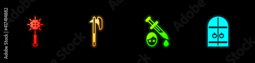 Set Medieval chained mace ball, axe, Sword with blood and castle gate icon. Vector.