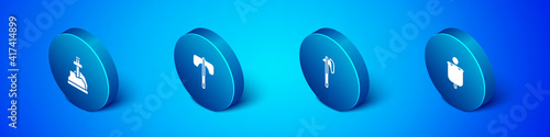 Set Isometric Sword in the stone, Medieval axe, flag and icon. Vector.