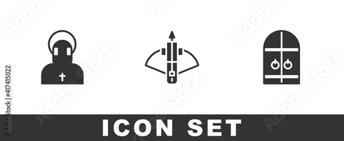Set Monk, Battle crossbow with arrow and Medieval castle gate icon. Vector.