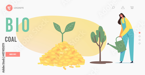 Biological Alternative Fuel Industry, Bio Coal Producing Landing Page Template. Tiny Female Character Watering Tree