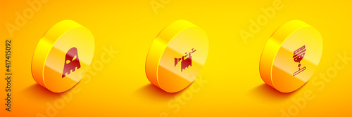 Set Isometric Executioner mask, Trumpet with flag and Medieval goblet icon. Vector.