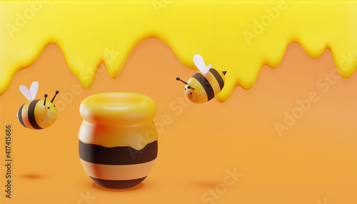 Sweet little bees flying around a pot of honey. Dripping honey background. 3D illustration. Vector