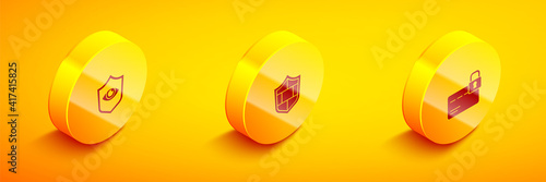 Set Isometric Shield and eye, with brick wall and Credit card lock icon. Vector.