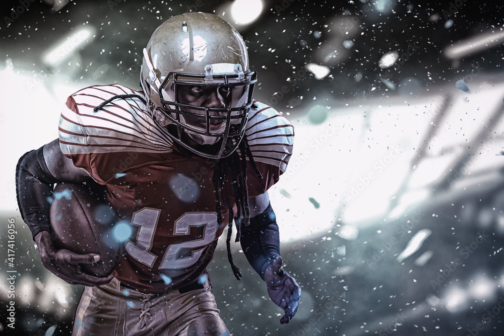 American football sportsman player on stadium running in action. American football sportsman player on stadium running in action.