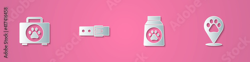 Set paper cut Pet first aid kit, Collar with name tag, Bag of food and Location veterinary icon. Paper art style. Vector.