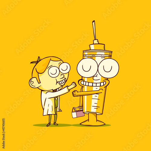 Médico que se saluda con una vacuna que a su vez es un personaje amistoso y juntos resuelven conflictos en el campo de la medicina.