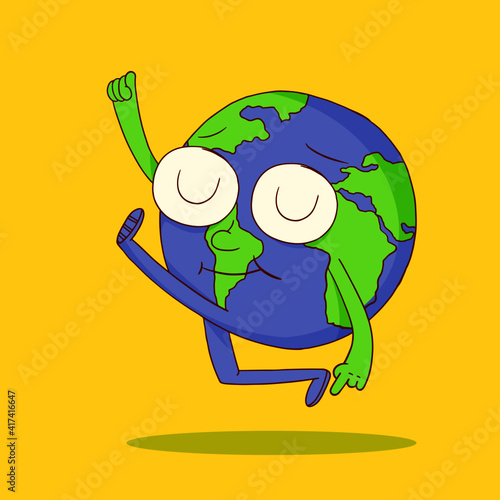 Estilo de dibujos animados en el diseño de un personaje que es el planeta tierra. Es feliz, optimista y contento.