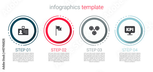 Set Identification badge, Location marker, Project team base and Key performance indicator. Business infographic template. Vector.