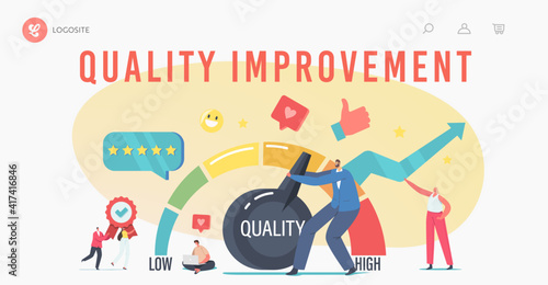 Quality Improvement Landing Page Template. Tiny Businessman Character Pull Huge Lever Arm to Increase Level