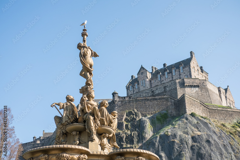 The Ross Fountain and Edinburgh Castle in Edinburgh, Scotland