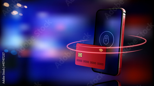 Internet banking concept. Mobile phone banner. Digital bank. Online payment, security transaction via credit card. Wireless pay through phone. Digital technology transfer pay. Vector illustration