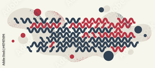 Geometric artistic vector background with lines splats and textures, abstract modern art composition, rhythmic and motional design decoration in red and black colors.