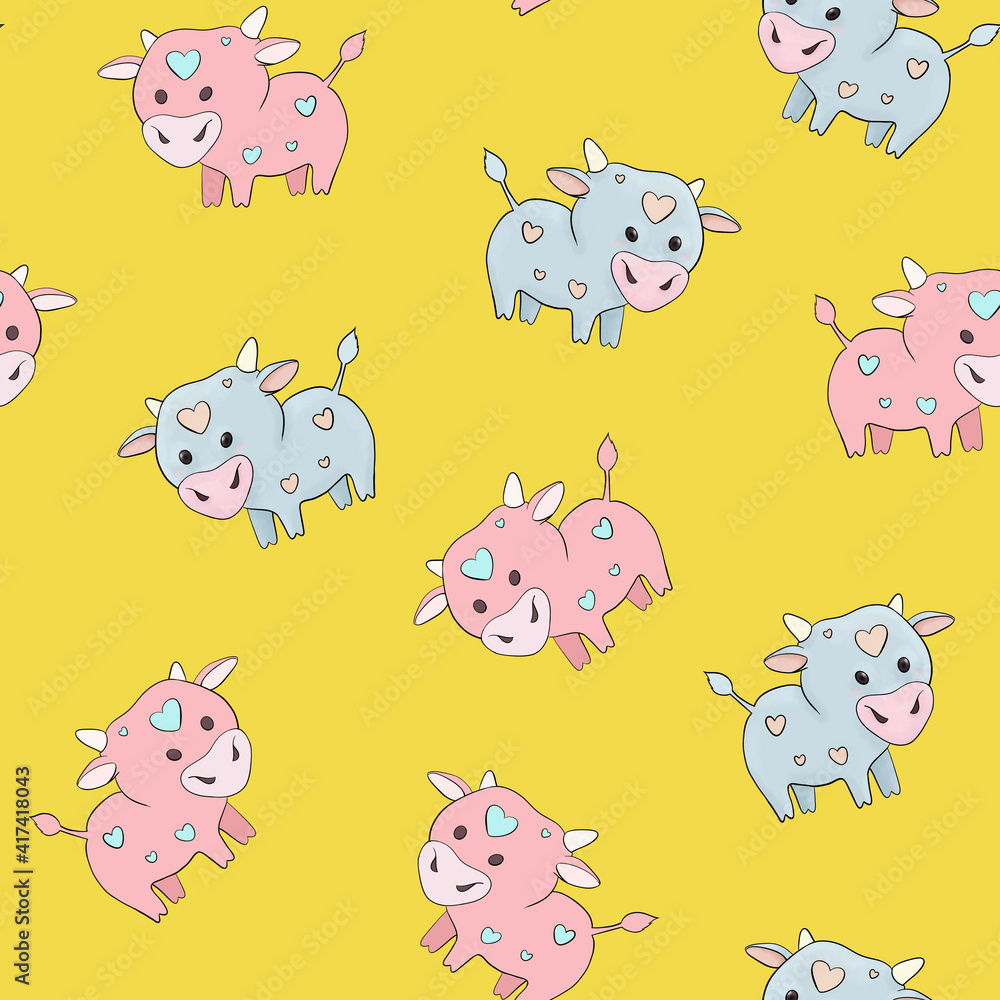 Seamless pattern with cartoon bulls symbol of 2021. The illustration of bulls with hearts is suitable for the design of children's things, packaging, scrapbooking, textiles, fabrics, wallpapers, paper