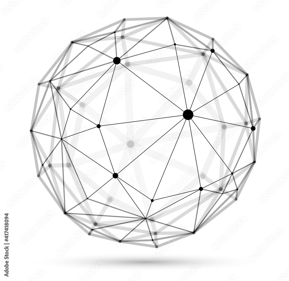 Dimensional lattice sphere vector abstraction, 3D polygonal design abstract shape isolated over white, science digital dynamic connections with lines and dots with perspective. Dimensional lattice sphere vector abstraction, 3D polygonal design abstract shape isolated over white, science digital dynamic connections with lines and dots with perspective.