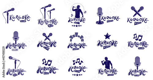 Karaoke party or club logos and emblems vector set isolated, singing music nightlife entertainment weekend theme, microphones and musical notes compositions.