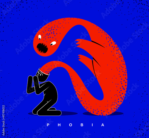 Psychical problems such as phobia psychosis schizophrenia hallucinations vector concept illustration in flat trendy style, psychiatry and psychology allegory, man with monster from his head.