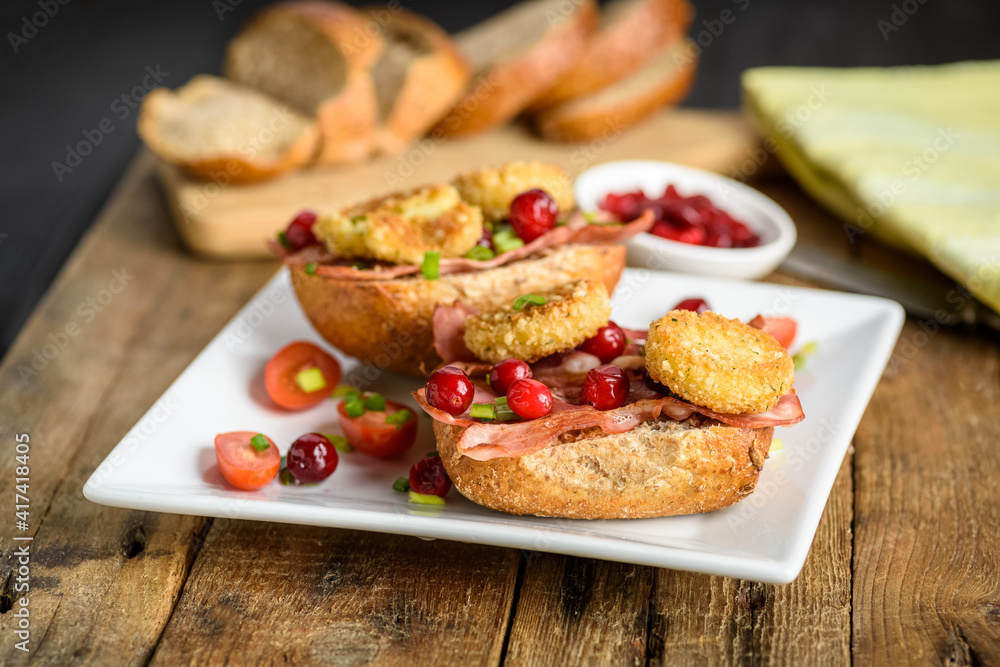 sandwich with fried camembert cheese and bacon sandwich with fried camembert cheese and bacon