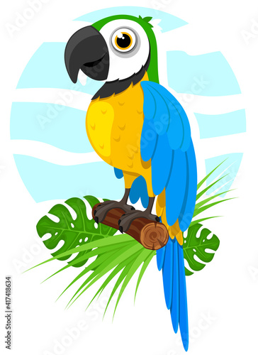 Parrot sits on a branch with monstera leaves on a white background.