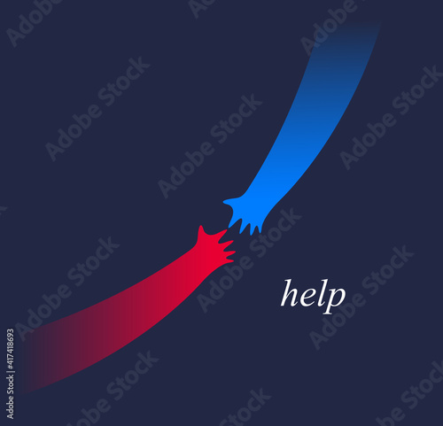 Help and empathy concept two hands helping one another vector simple minimal illustration, care give aid, friendship understanding, support.