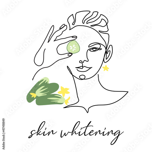 Skin whitening with cucumber, facial cosmetic vector illustration. Face line art portrait of beautiful woman