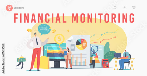 Financial Monitoring Landing Page Template. Tiny Business Characters Analysing Data Report on Huge Dashboard