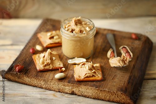 Peanut paste. Peanut butter crackers. Vegan breakfast. Healthy snack