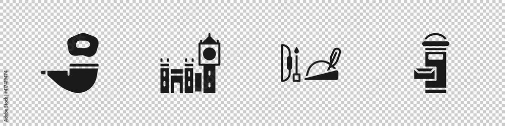 Fototapeta premium Set Smoking pipe, Big Ben tower, Robin hood hat and London mail box icon. Vector.